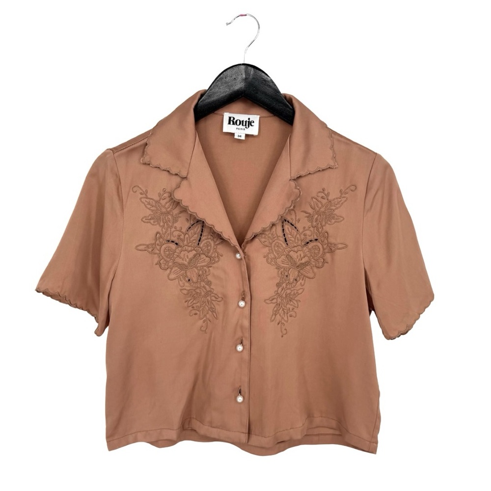 Rouje Rust Brown Embroidered Short Sleeve Blouse